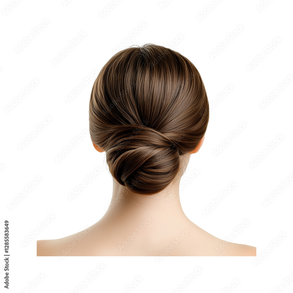 A sleek, elegant bun hairstyle showcasing smooth, shiny hair styled at the back, Isolated on white background. A sleek, elegant bun hairstyle showcasing smooth, shiny hair styled at the back, Isolated on white background.