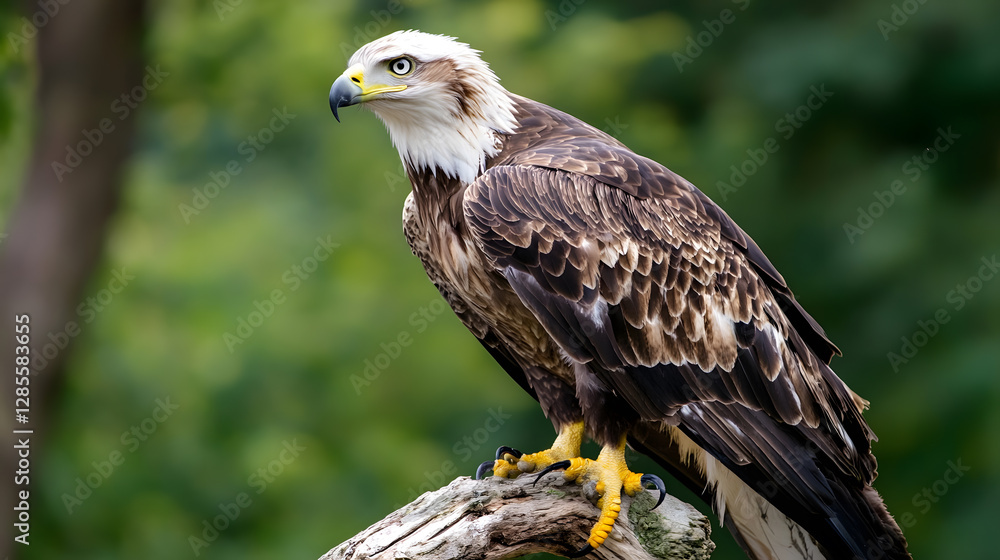 Majestic Eagle Perched On Branch In Lush Greenery With Intense Gaze : Generative AI Majestic Eagle Perched On Branch In Lush Greenery With Intense Gaze : Generative AI
