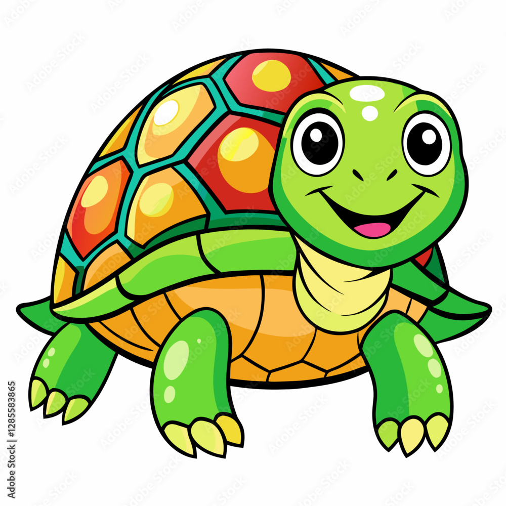 Obraz premium A Happy Cartoon Turtle with Brightly Colored Shell and Big Smiling Face