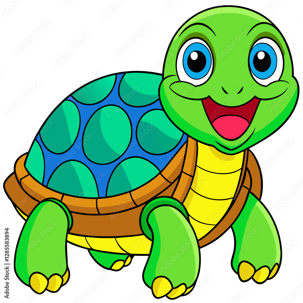 Fototapeta premium A Happy Green Turtle Cartoon Illustration with Blue and Green Shell Spots