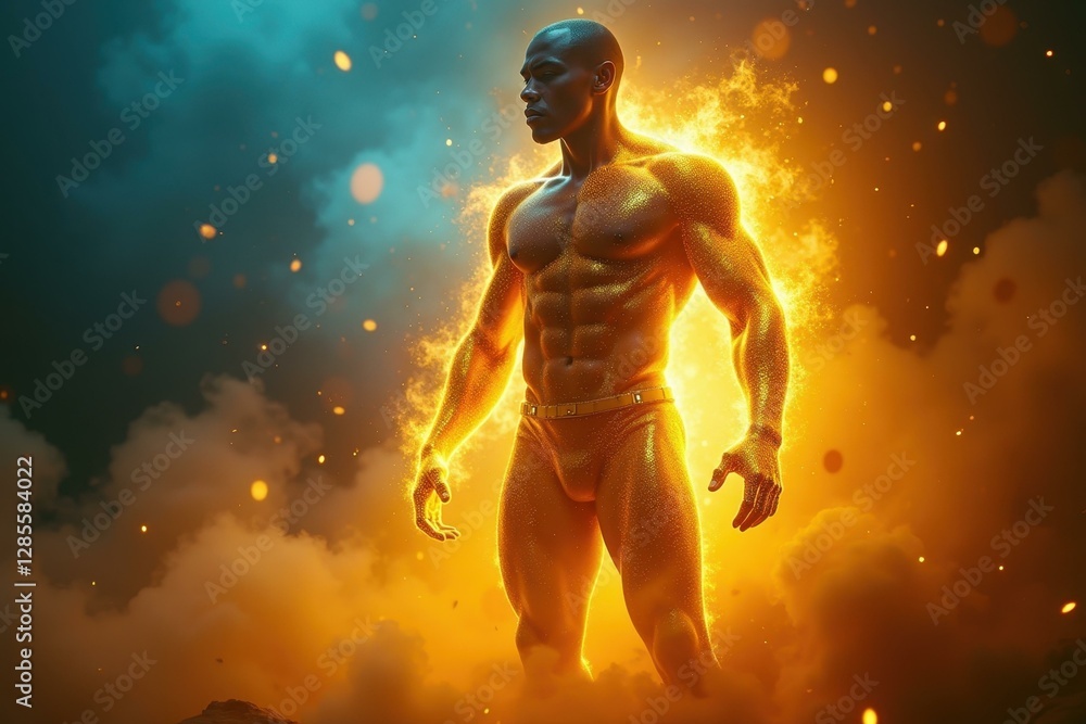 Fototapeta premium Firefighter Wearing Helmet. Muscular bald man glowing flames surrounde