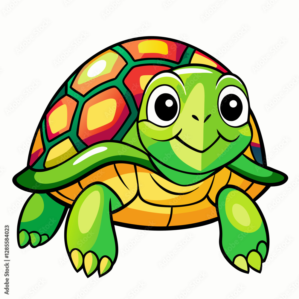 Obraz premium Adorable Cartoon Turtle with Vibrant Shell Colorful Green Body Happy Expression