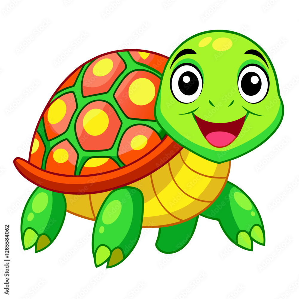 Obraz premium A Happy Cartoon Turtle with Bright Green Shell and Orange Spots
