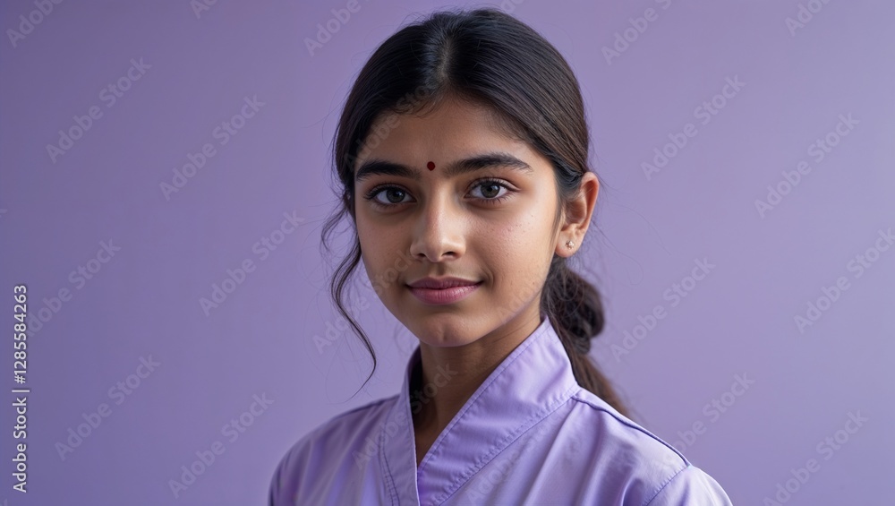 A teenage South Asian receptionist managing appointments in a spa uniform in closeup portrait on a plain pastel lavender background A teenage South Asian receptionist managing appointments in a spa uniform in closeup portrait on a plain pastel lavender background