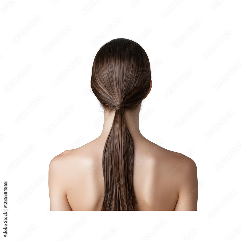 A smooth, sleek hairstyle features long, straight hair tied back, back of a woman's neck and shoulders. A smooth, sleek hairstyle features long, straight hair tied back, back of a woman's neck and shoulders.