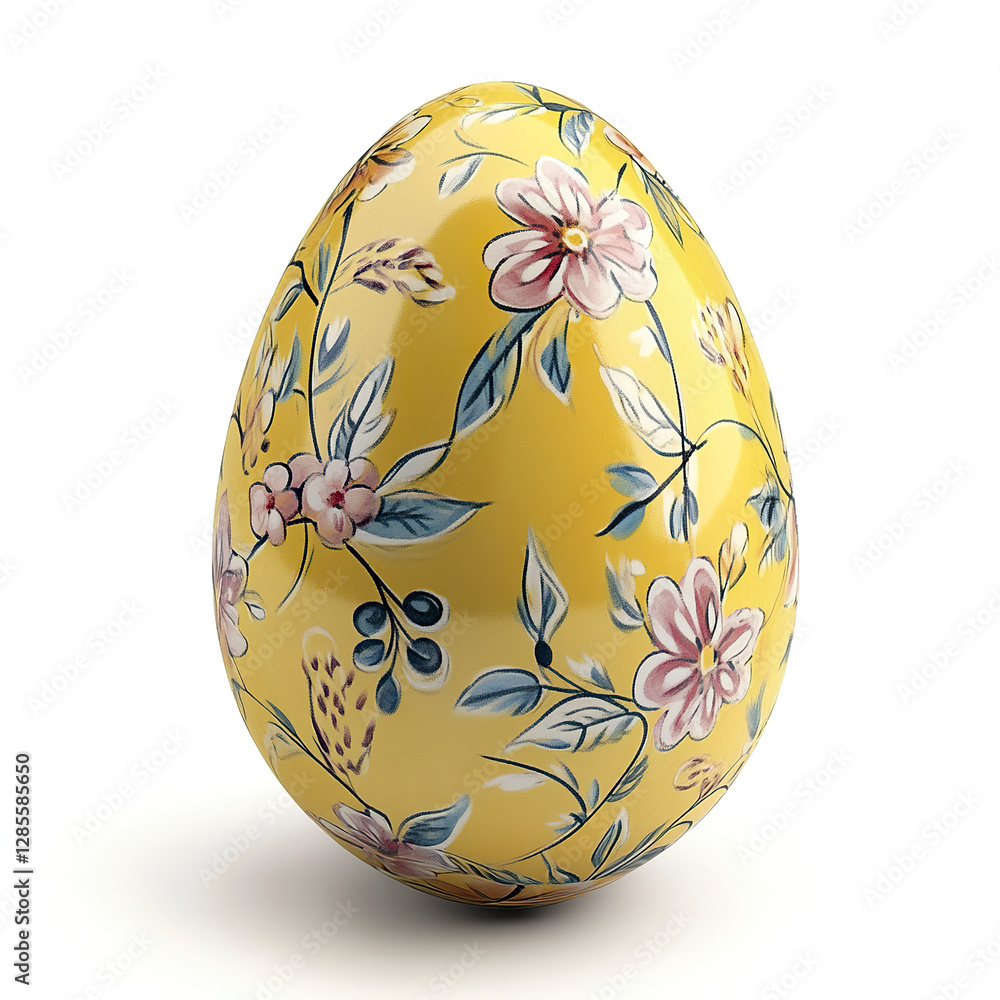 Fototapeta premium Yellow Easter egg with floral pattern on white background