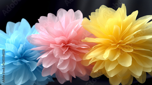 A close-up shot of vibrant dahlia flowers in various colors, isolated against a striking black background, showcasing their intricate petals and rich hues in stunning detail.