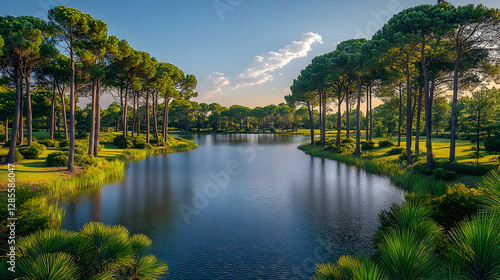 Lakeside Pine Trees Sunset Golf Course photo