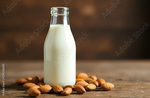 Lactose Free Almond Milk. Bottle with fresh Almond Milk and Almond nuts on the rustic wooden table. Perfect banner for lactos free theme with Empty space for text. Healthy diet drink