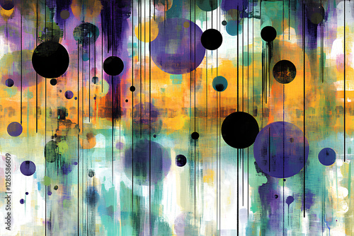 A dynamic abstract grunge background featuring black circles and dots scattered across a textured painted wood surface, creating a modern and edgy artistic composition.