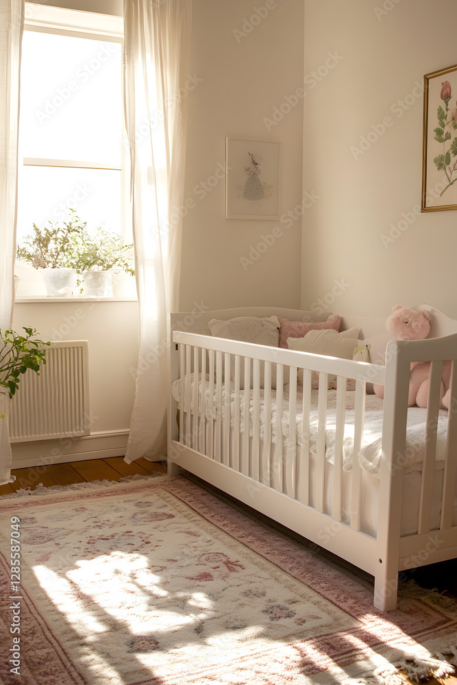 Cozy and peaceful nursery room with sunlight streaming through and soft interior furnishings : Generative AI Cozy and peaceful nursery room with sunlight streaming through and soft interior furnishings : Generative AI