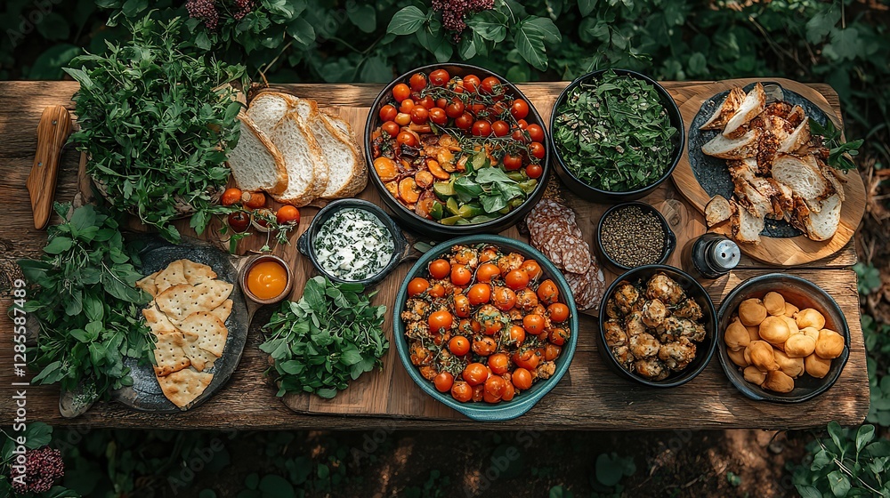 Fototapeta premium Friends enjoy a fun picnic with a healthy food spread in a beautiful park.