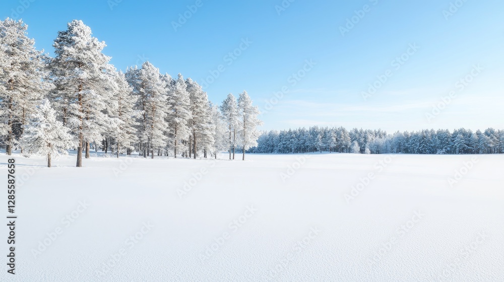 Frosty pines in snowy field, winter landscape, serene background, ideal for calendar Frosty pines in snowy field, winter landscape, serene background, ideal for calendar