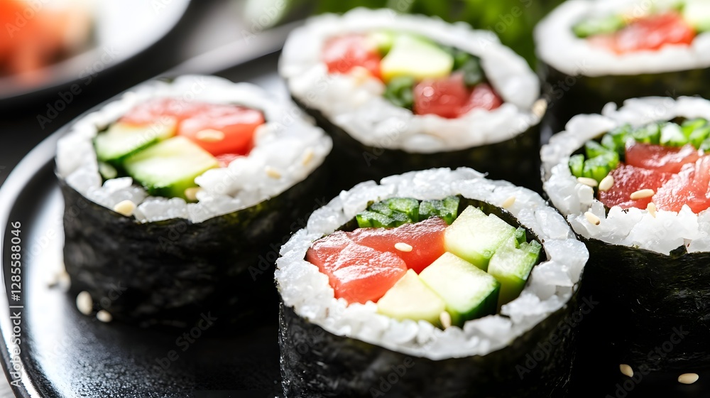 A close-up of sushi rolls featuring fresh tuna, avocado, and rice, symbolizing Japanese cuisine A close-up of sushi rolls featuring fresh tuna, avocado, and rice, symbolizing Japanese cuisine