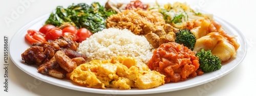 Diverse Plate of Vibrant Culinary Dishes Including Rice, Vegetables, and Fried Chicken