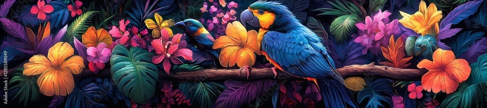 Fototapeta premium Vibrant Tropical Birds and Colorful Exotic Flowers in Lush Jungle. Generative AI