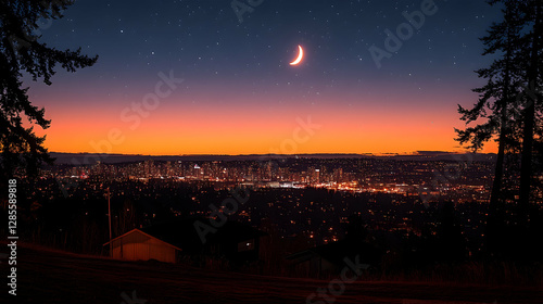 Night City Moonrise Over Hills photo