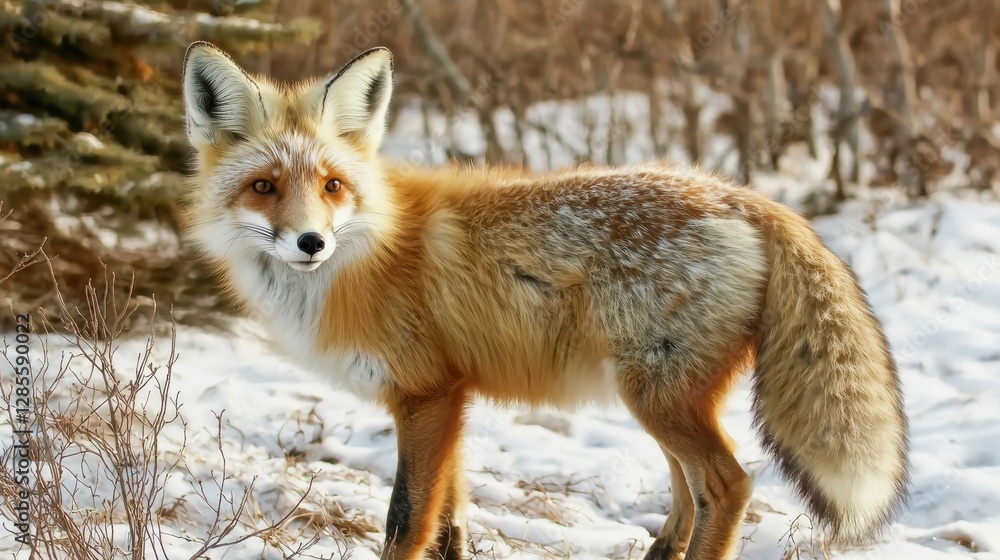 Obraz premium Wild fox observing its surroundings in a snowy forest nature photography wildlife environment close-up view