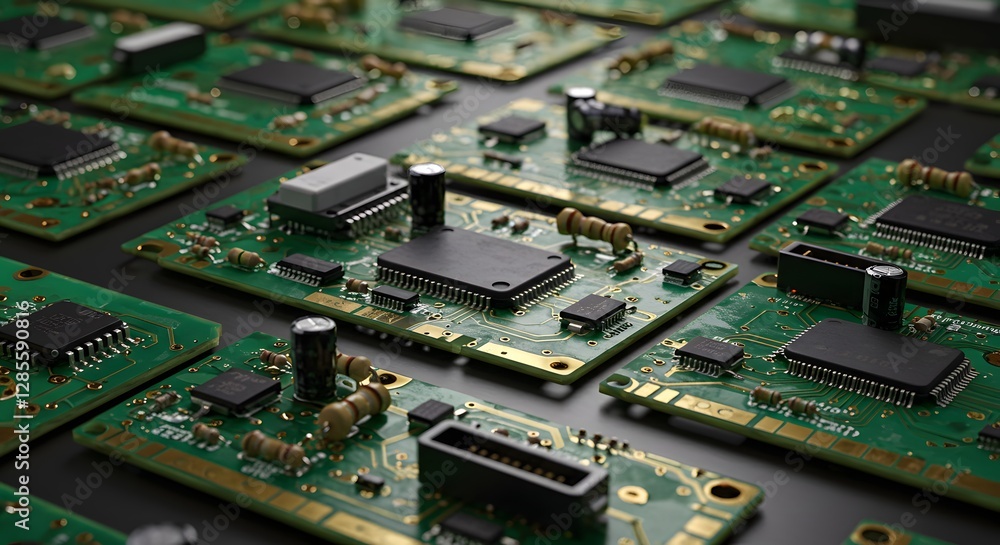 Multiple Green Circuit Boards with Integrated Microchips and Components Multiple Green Circuit Boards with Integrated Microchips and Components
