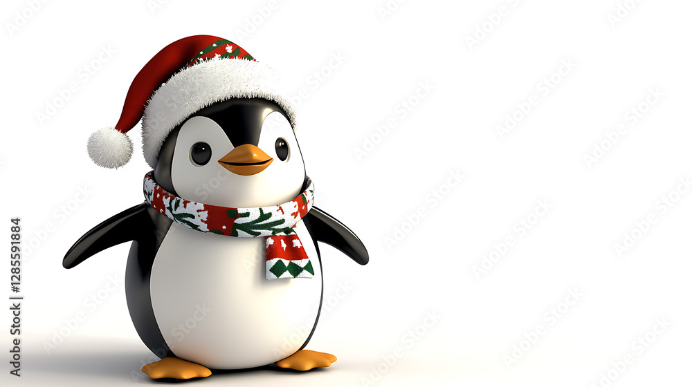 A penguin wearing a red and white hat and scarf stands on a white background. generated using AI A penguin wearing a red and white hat and scarf stands on a white background. generated using AI