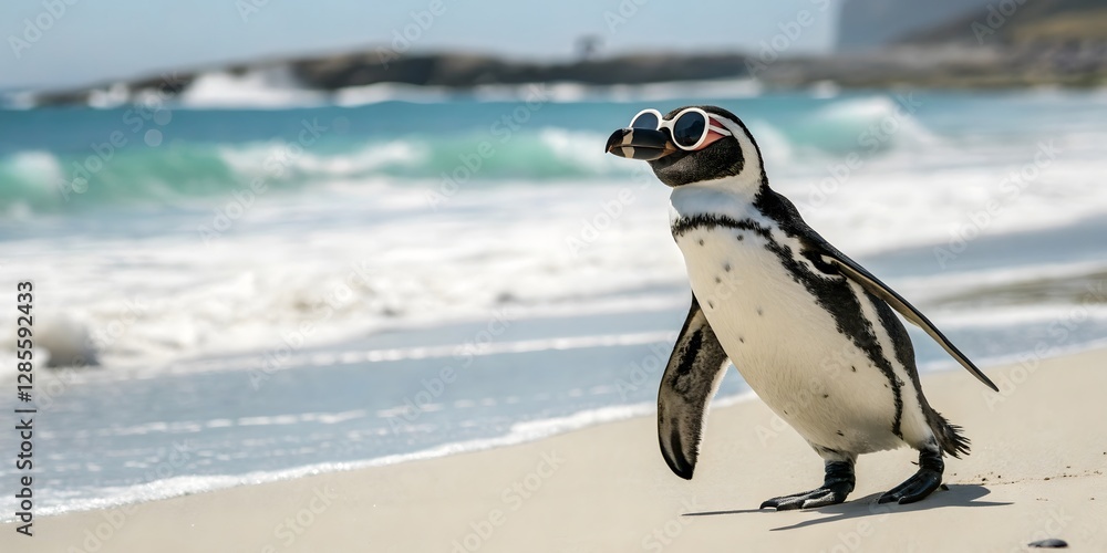 Fototapeta premium Happy Penguin on Beach Wearing Sunglasses Enjoying Summer Vibes