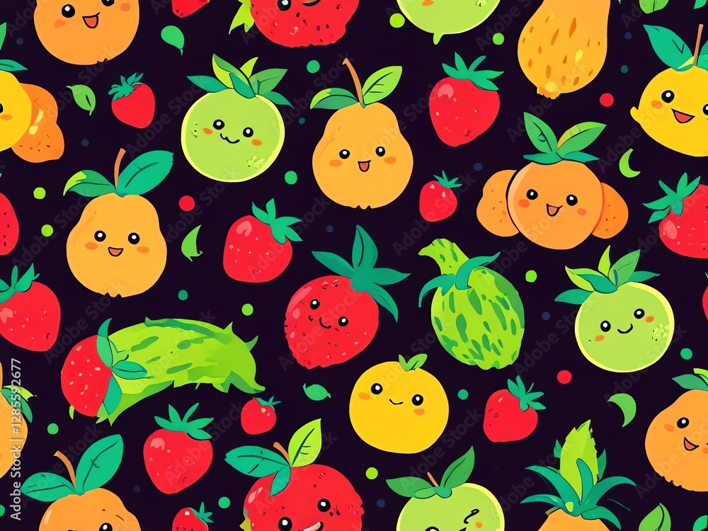 Adorable Kawaii Fruit Pattern: A Delightful Seamless Design Featuring Cute Cartoon Fruits Adorable Kawaii Fruit Pattern: A Delightful Seamless Design Featuring Cute Cartoon Fruits