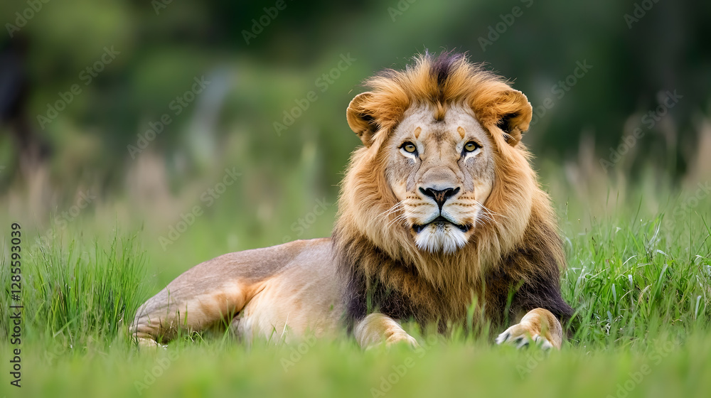 Majestic Lion Resting in Lush Greenery of African Wilderness : Generative AI Majestic Lion Resting in Lush Greenery of African Wilderness : Generative AI