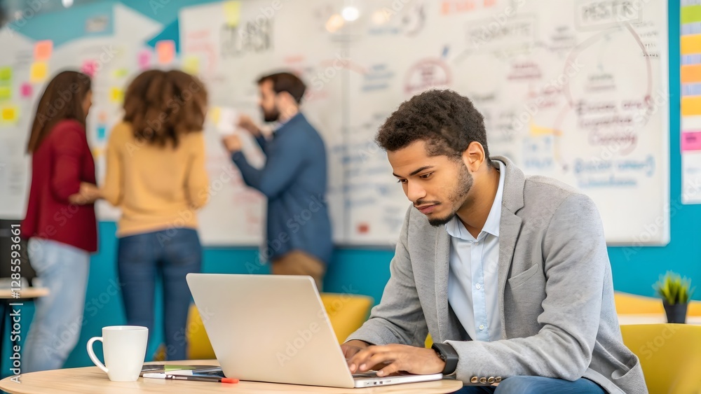 Fototapeta premium Young Professional Focused on Laptop in Creative Office Environment