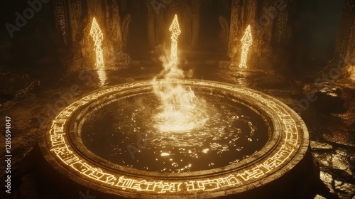 Mystic Golden Ritual Chamber: Ancient runes illuminate a sacred pool, glowing symbols and ethereal light. photo