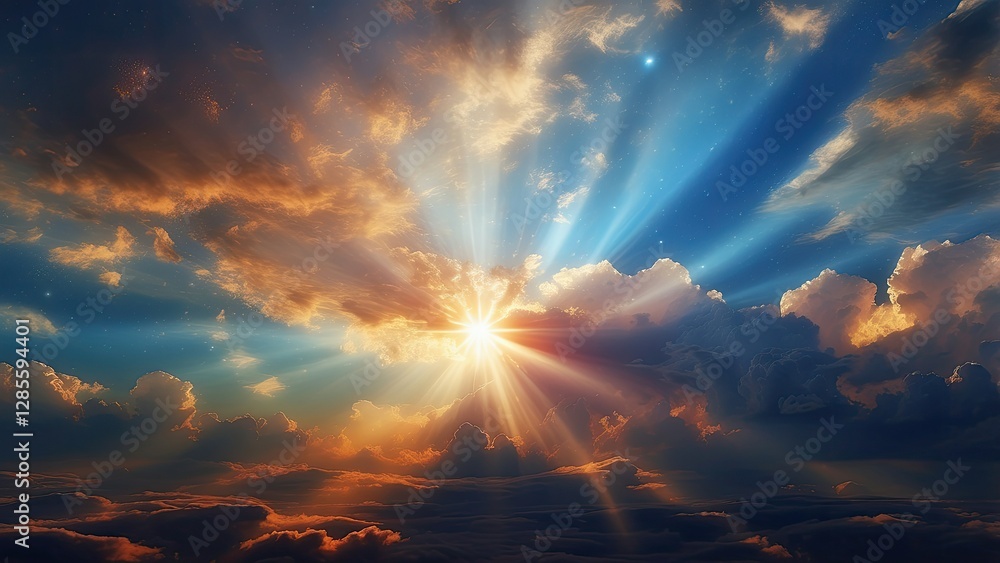 A vibrant sky filled with swirling clouds, illuminated by a radiant burst of light at the center A vibrant sky filled with swirling clouds, illuminated by a radiant burst of light at the center