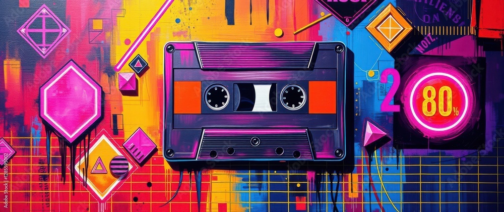 Fototapeta premium Vibrant retro artwork featuring a cassette tape and neon geometric shapes, reminiscent of the 1980s aesthetic.