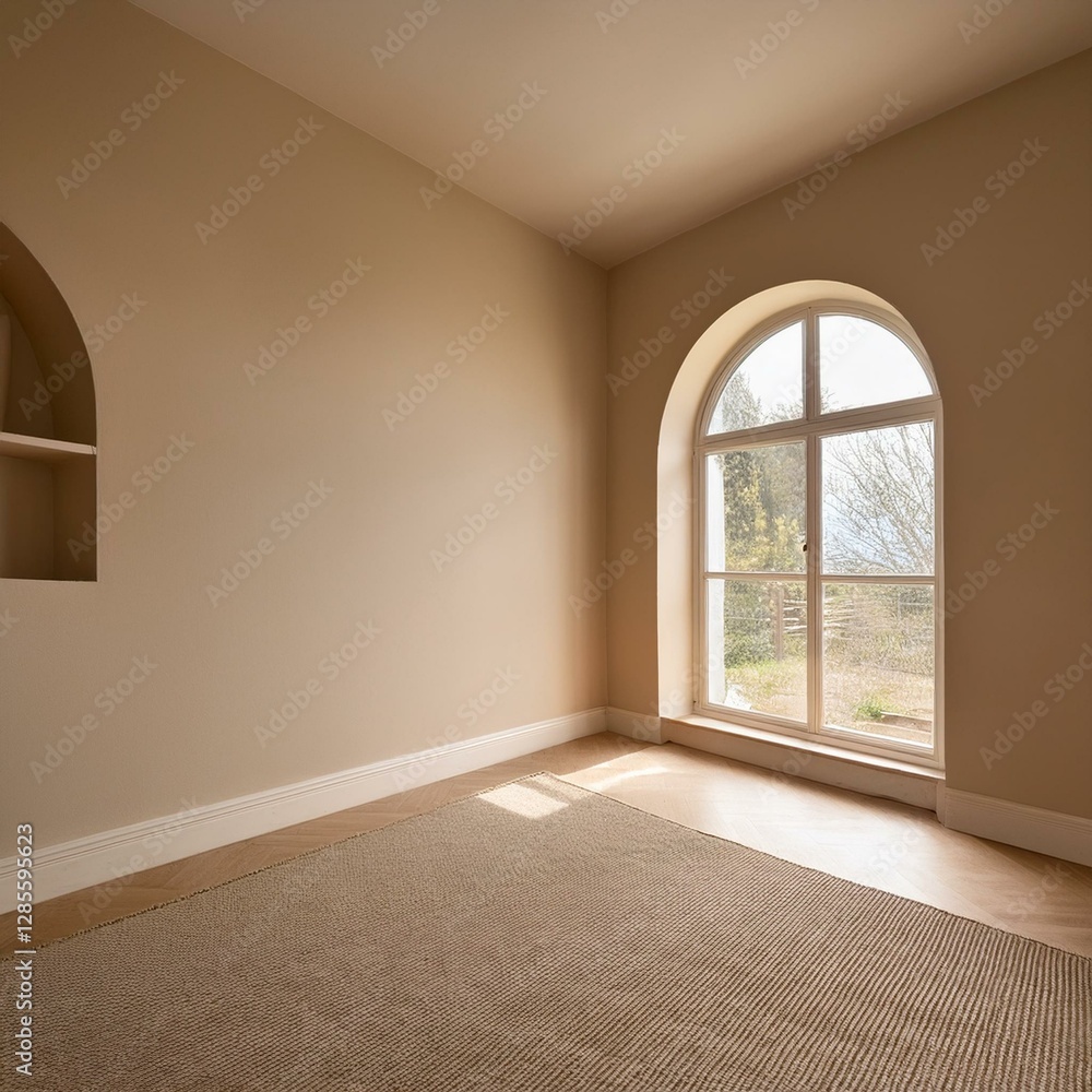 Fototapeta premium Arch window in beige living room with empty interior