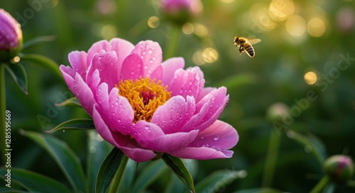 Close-up of a vibrant pink peoni flower with dew drops and a bee hovering, set against a blurred garden backdrop