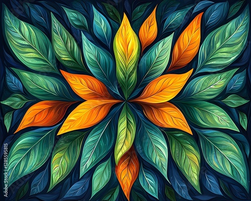 Wallpaper Mural Vibrant Tribal Leaf Pattern in Symmetrical Design with Serene Hues Torontodigital.ca