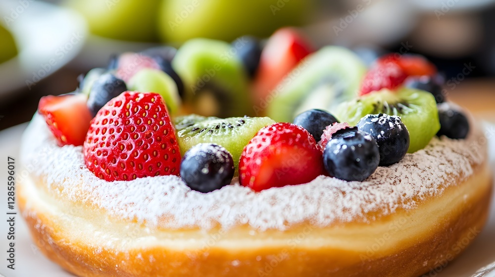 A gourmet donut topped with fresh fruit slices, ideal for dessert and culinary inspiration A gourmet donut topped with fresh fruit slices, ideal for dessert and culinary inspiration