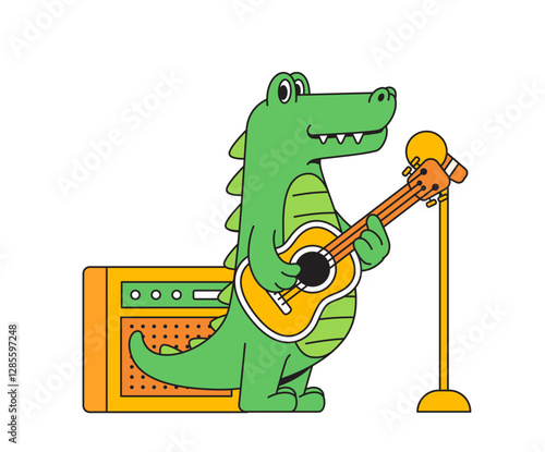 Crocodile playing guitar cartoon vector hand drawn