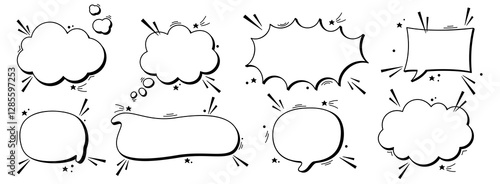 Pack of empty black and white comic speech bubbles with halftone dot elements.