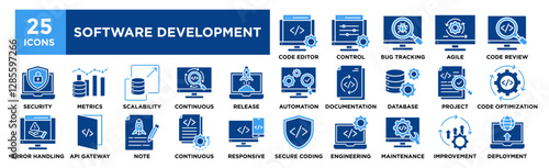 Software Development icon collection set. Containing design technology, computer, application, development, developer	
