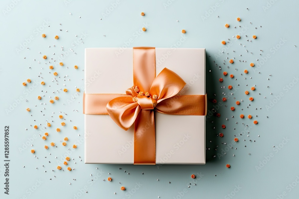 Elegant gift box adorned with shiny ribbon, surrounded by colorf Elegant gift box adorned with shiny ribbon, surrounded by colorf