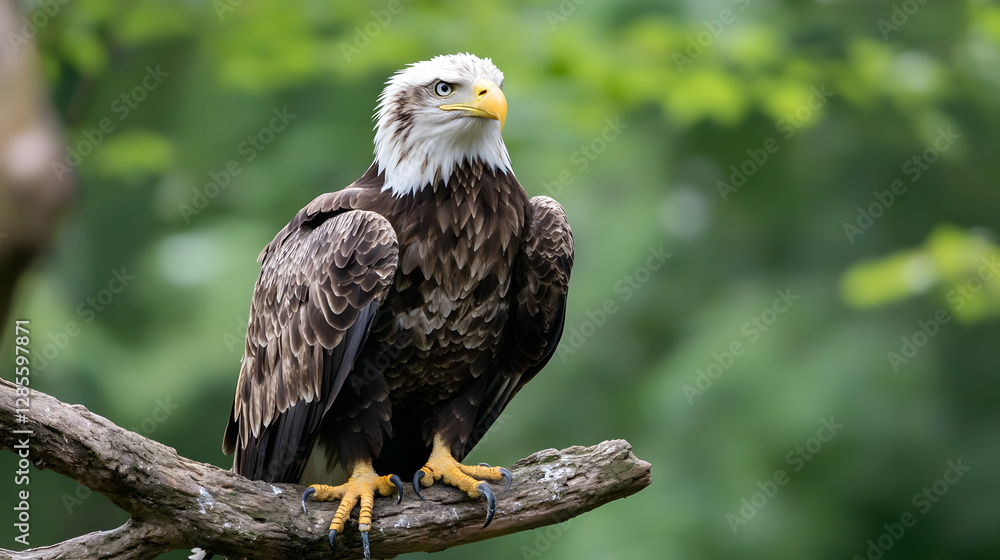 Majestic Bald Eagle Posing on Tree Branch in Pristine Green Forest Habitat : Generative AI Majestic Bald Eagle Posing on Tree Branch in Pristine Green Forest Habitat : Generative AI