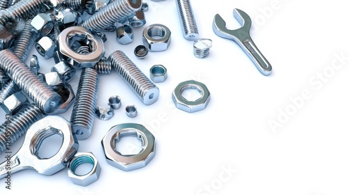 Assembly process metallic fasteners and tools workshop close-up view industrial environment
