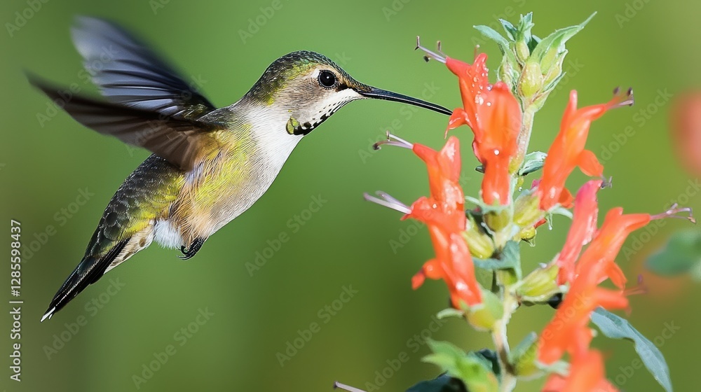 Fototapeta premium Hummingbird feeding on bright orange flowers natural habitat wildlife photography close-up view nature's beauty