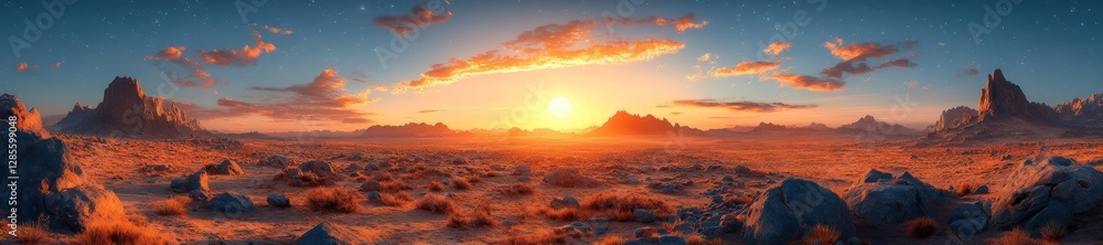 Obraz premium Breathtaking Desert Sunset Landscape with Rocky Terrain. Generative AI