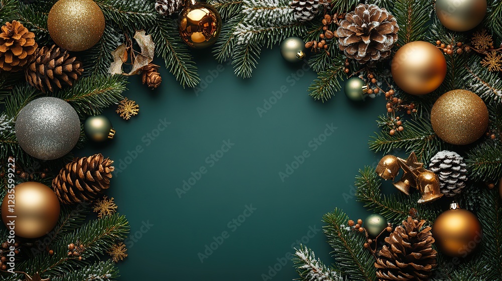 Gold and silver Christmas tree balls, toys, cones, small bells, snowflakes, and serpentine adorn pine branches on a green background with empty space.
