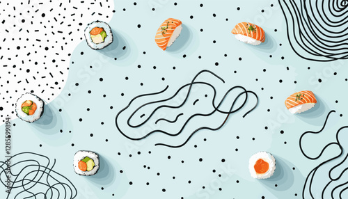 a collection of sushi rolls and sashimi arranged on a light blue background with black polka dots and abstract lines.
