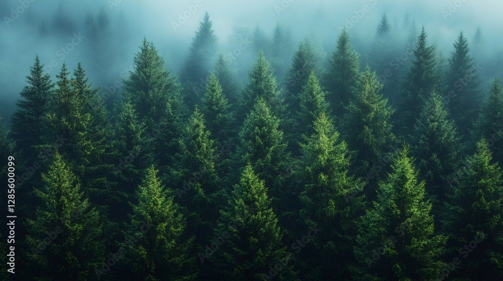 Fog rolling over evergreen trees in lush green forest Fog rolling over evergreen trees in lush green forest