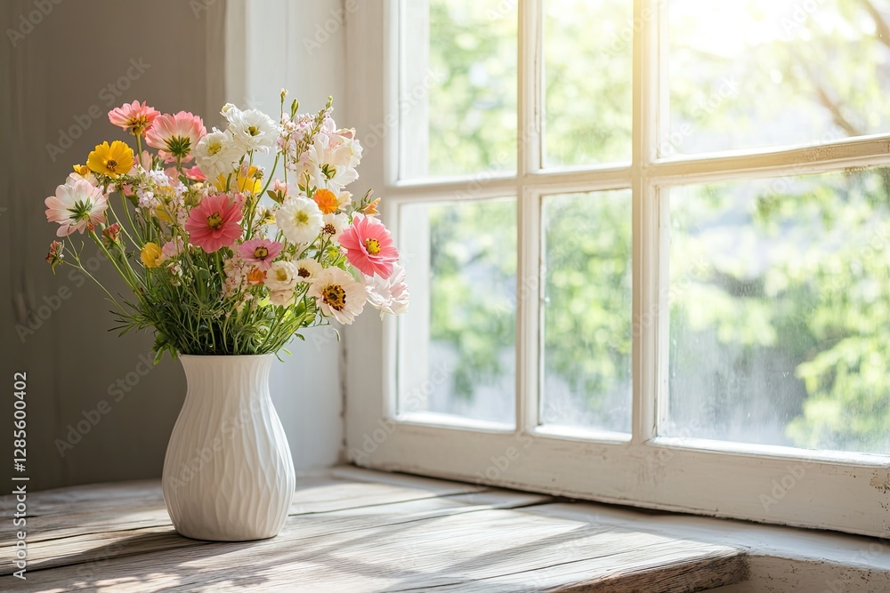 Bright bouquet of colorful flowers in white vase by sunlit windo Bright bouquet of colorful flowers in white vase by sunlit windo