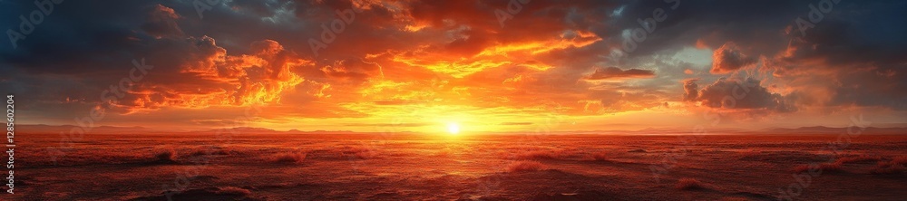 Obraz premium Dramatic Sunset Over Red Desert Landscape with Dramatic Clouds. Generative AI