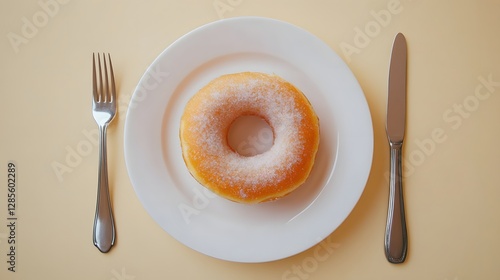 Sugar donut on a plate with utensils, perfect for simple and sweet dessert themes photo