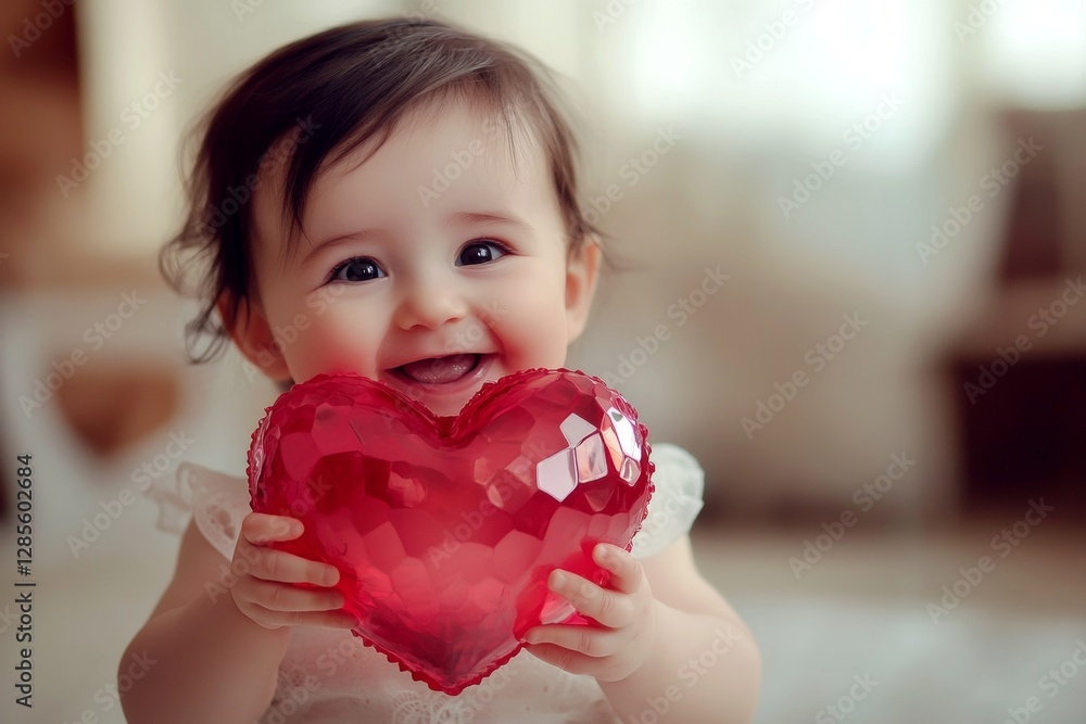 Happy face cute baby girl with big diamond heart in hands. Valentine's day greeting and funny gift. Festive childâ€™s photo. Cute baby love. Valentine's day. Happy kid's day. Love celebration.